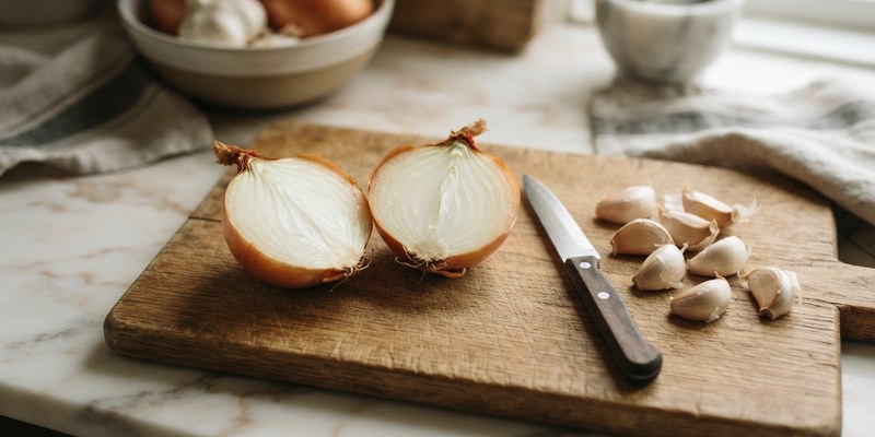 halved onion and garlic