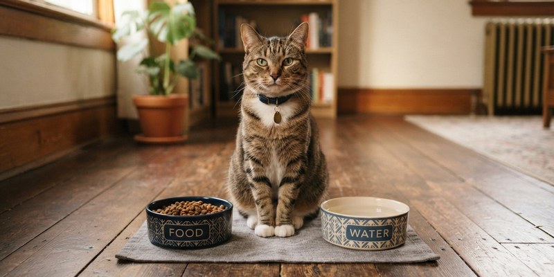 cat sitting between food