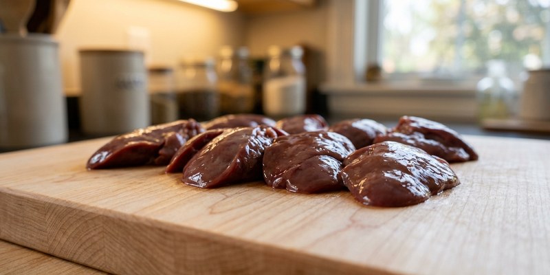 Varios trozos de hígado de pollo fresco sobre una tabla de madera clara