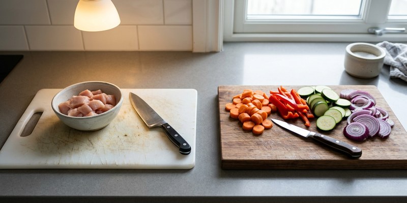 Dos tablas de cortar separadas con carne cruda en una y verdura en otra