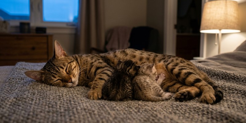 cat lying with nursing