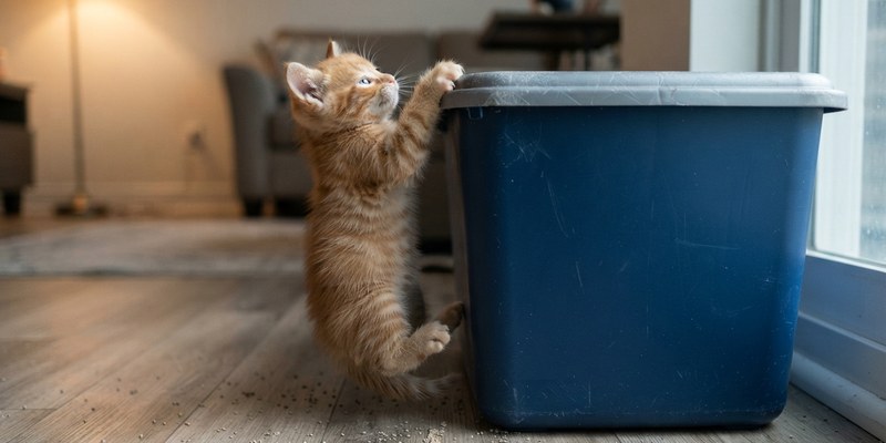 kitten hanging from litter