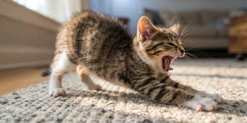 kitten yawning stretching on