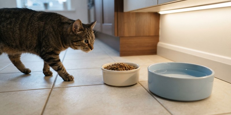 cat approaching food bowls