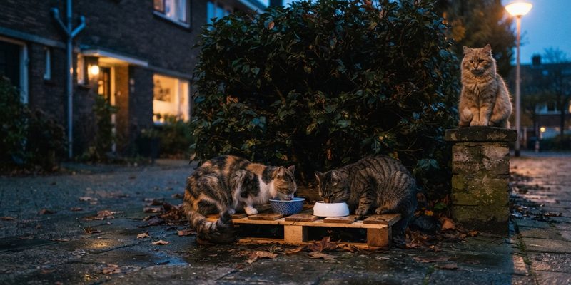 cats feeding at dusk