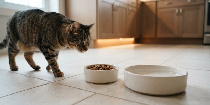 cat approaching food bowls