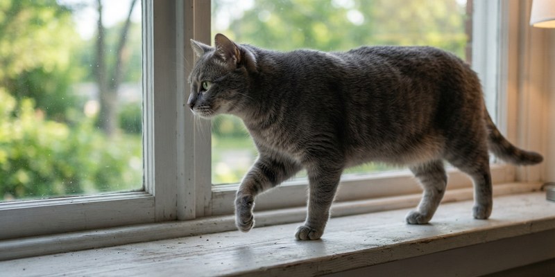 grey cat walking wooden