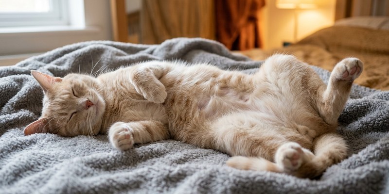 Gato crema dormido boca arriba con una zona de pelo más fino en el abdomen