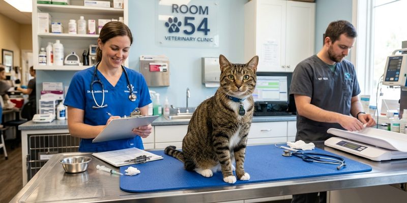 tabby cat on exam