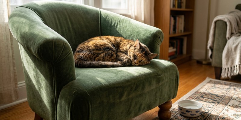 cat curled on sunlit