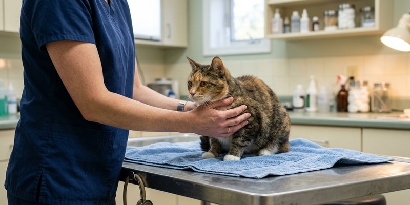 veterinarian holding senior cat