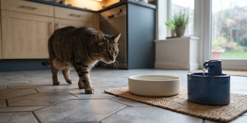 cat approaching ceramic water