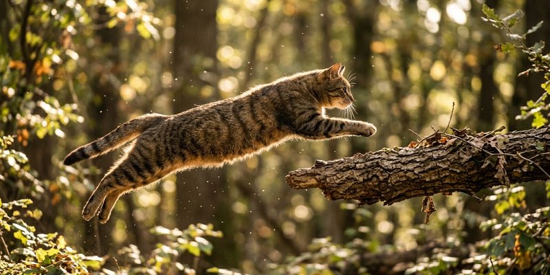tabby cat leaping toward