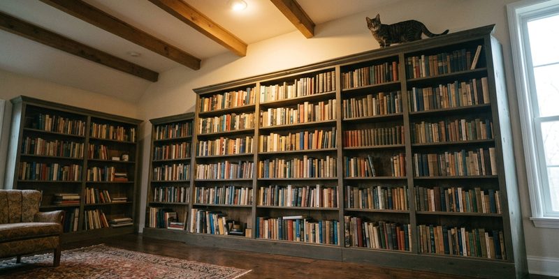 cat perched on bookcase
