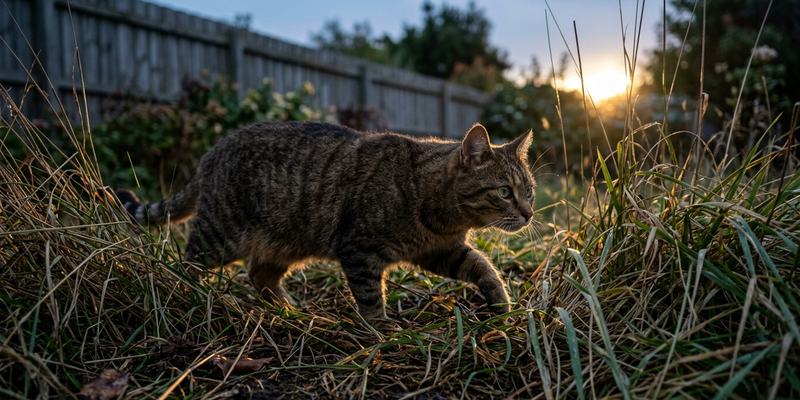 tabby cat stalking through