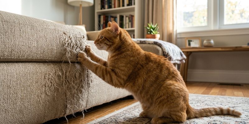 ginger cat scratching sofa
