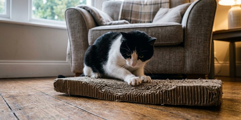 cat kneading cardboard scratcher