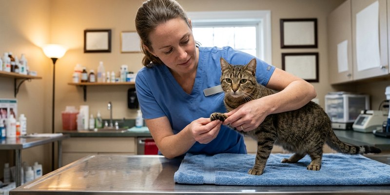 veterinarian examining cat paw