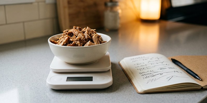 Báscula de cocina con un cuenco de carne cocida desmenuzada y una libreta al lado