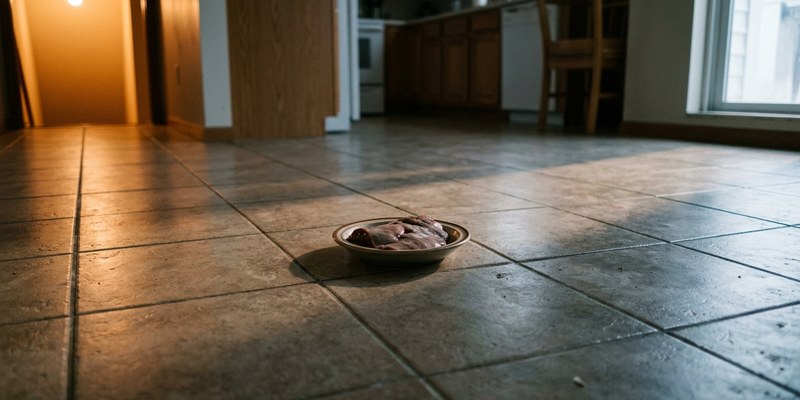 Platito de hígado sin tocar en el suelo de una cocina vacía al atardecer