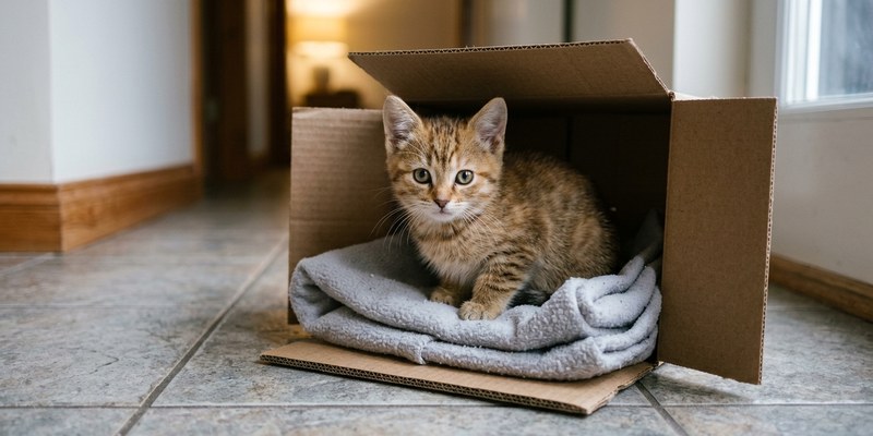 kitten sitting in cardboard