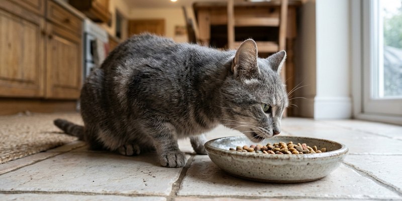 grey cat eating from