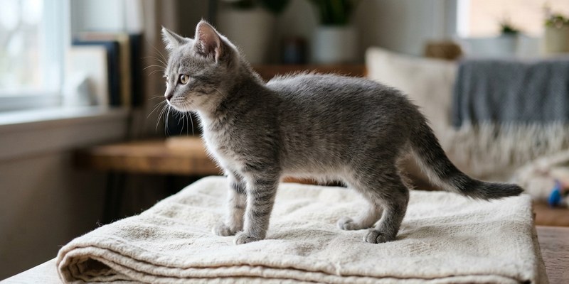 kitten standing on blanket
