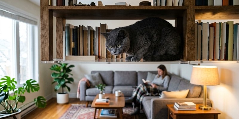 cat sitting on bookshelf