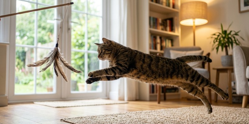 cat leaping after feather
