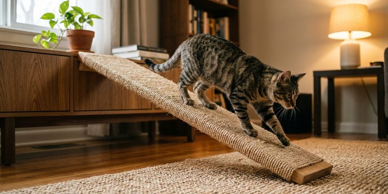 tabby walking down wooden