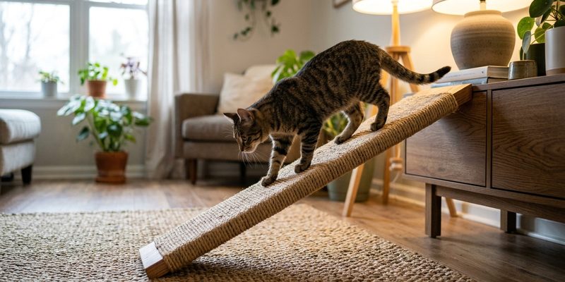 tabby walking down wooden