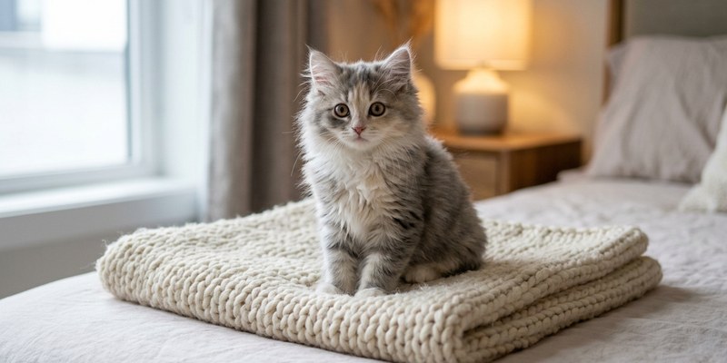 kitten sitting on blanket