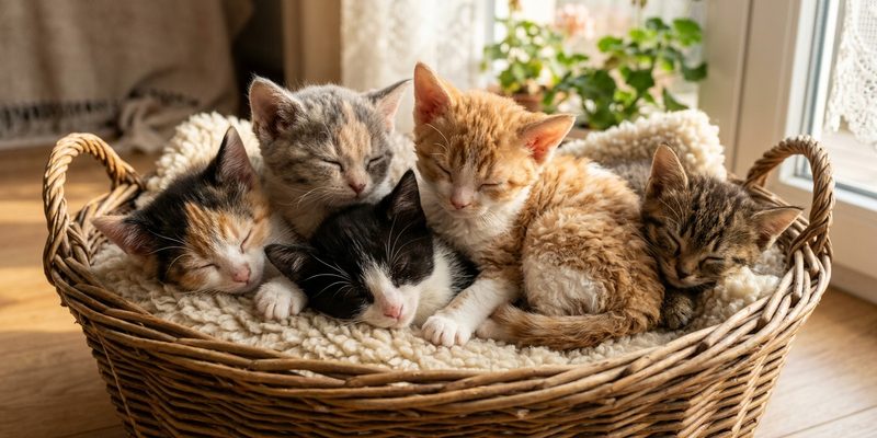 kittens huddled in basket