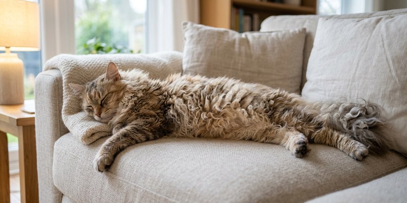 curly cat lying on