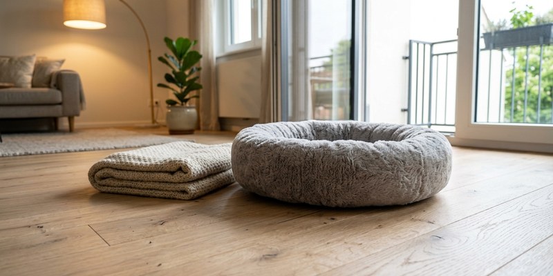 Cama redonda para gato vacía en el suelo del salón junto a una manta doblada