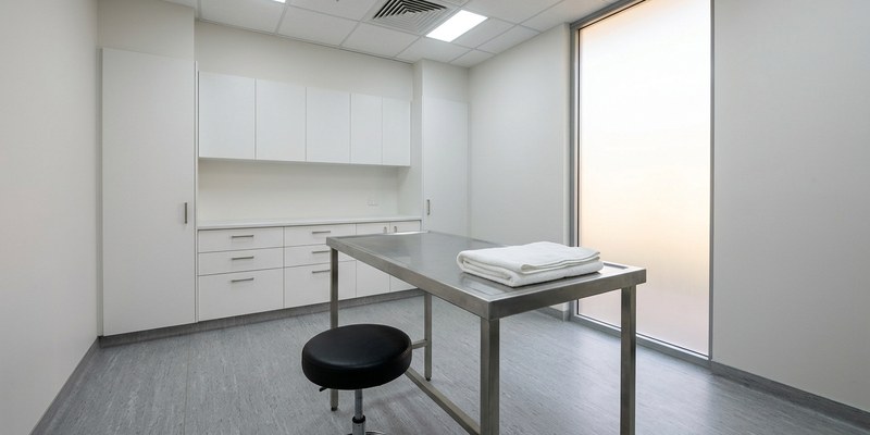 Consulta veterinaria vacía con mesa de acero, taburete acolchado y una toalla doblada preparada