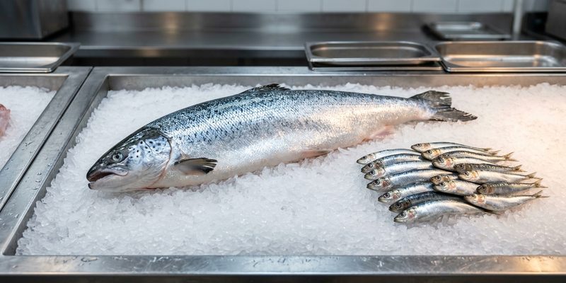 Pescado grande entero sobre hielo picado junto a varias sardinas en un mostrador de pescadería