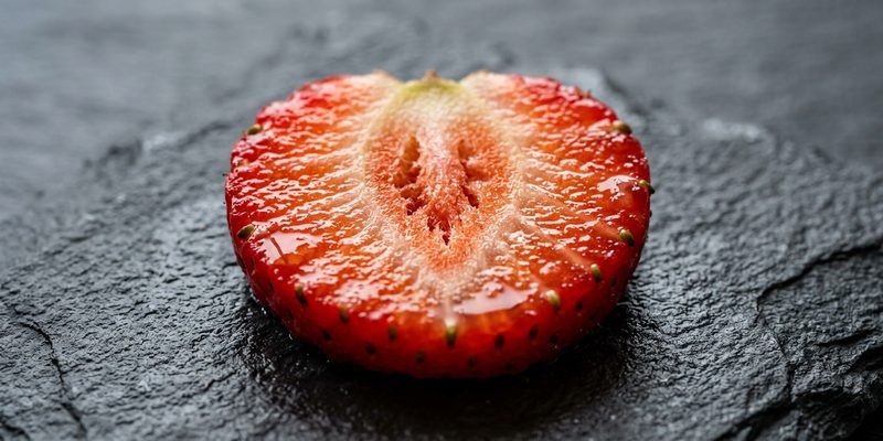 sliced strawberry on slate