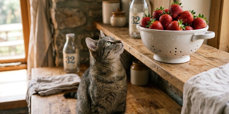 cat looking at strawberries