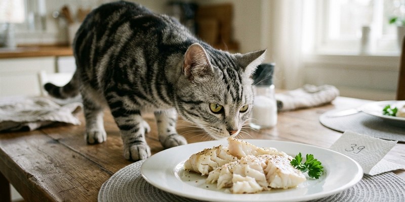 cat sniffing plate of