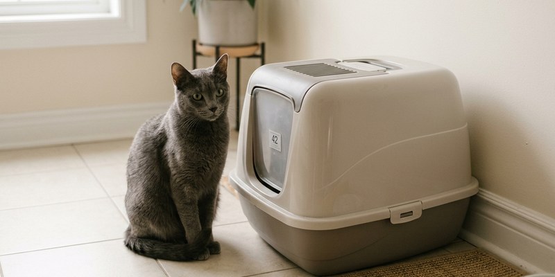 grey cat beside litter