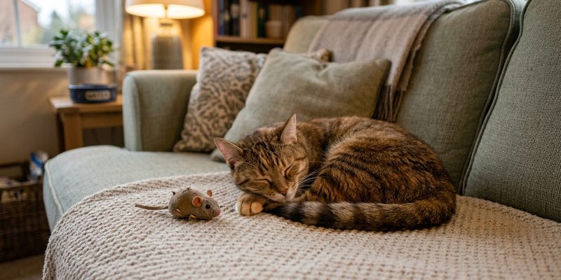 cat curled on sofa