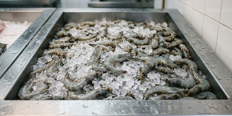 raw grey prawns ice