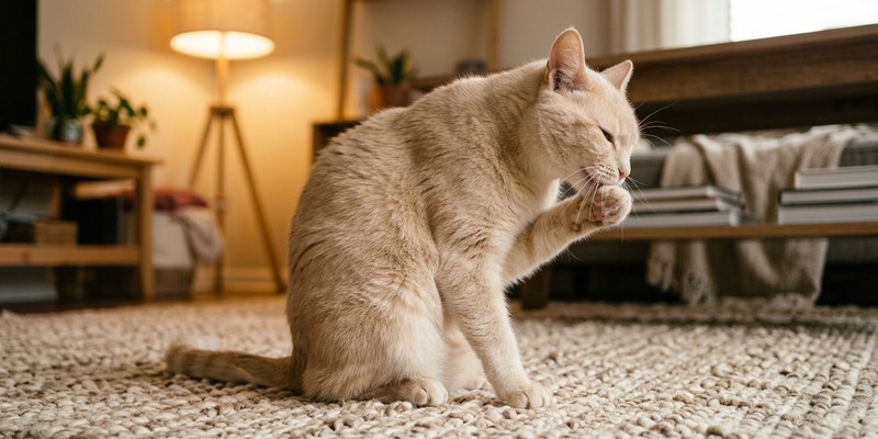 cream cat grooming paw