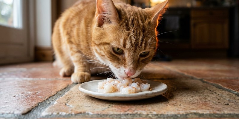 tabby cat sniffing prawn