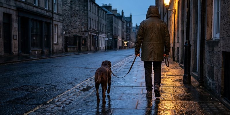 person walking dog wet
