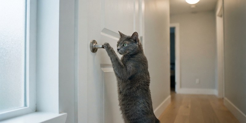 grey cat opening door