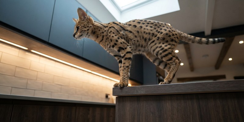 savannah cat jumping onto