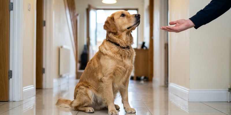 golden retriever looking up