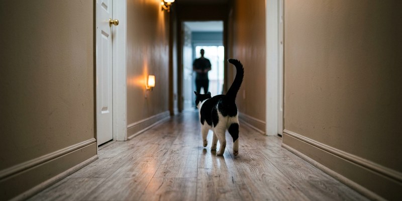 black white cat corridor